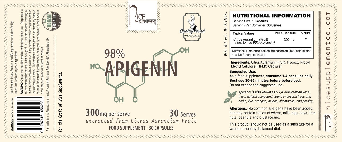 300mg Apigenin for sleep and stress - 30 Capsules - Label - Nice Supplement Co.