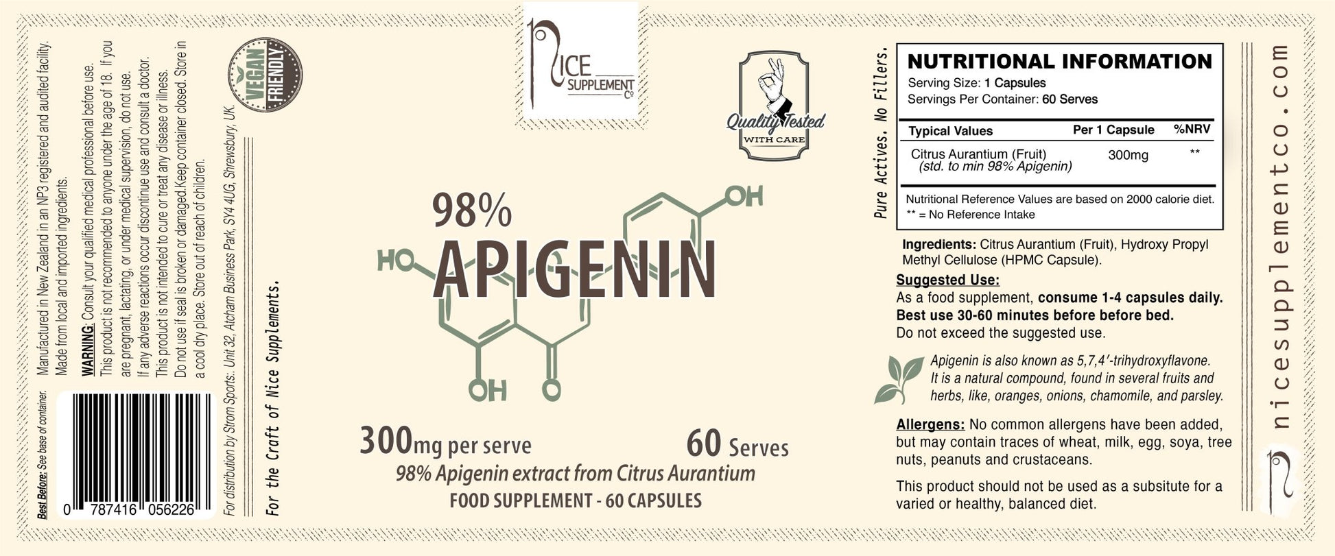 300mg Apigenin for sleep and stress - 60 Capsules - Label - Nice Supplement Co.