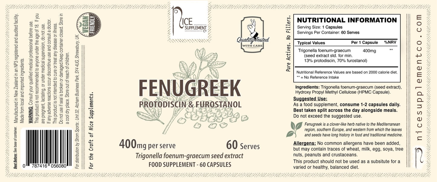 400mg Fenugreek 13% protodiscin, 70% furostanol for Testosterone -  Label - Nice Supplement Co.