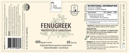 400mg Fenugreek 13% protodiscin, 70% furostanol for Testosterone -  Label - Nice Supplement Co.