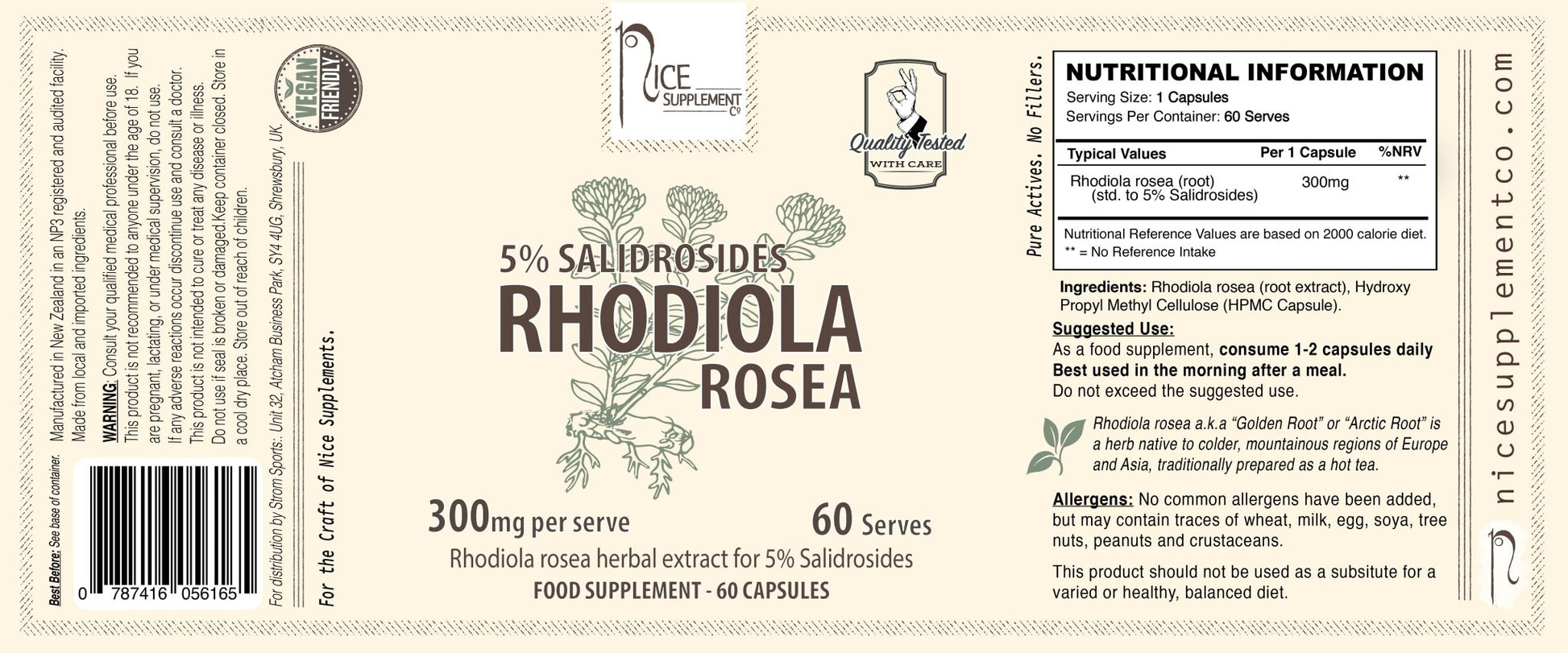 Rhodiola Rosea High Potency 5% Salidrosides for Mood and Adaptogen Stress  -  Label  - Nice Supplement Co.