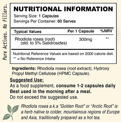 Rhodiola Rosea High Potency 5% Salidrosides for Mood and Adaptogen Stress  -  Supplement Facts  - Nice Supplement Co.