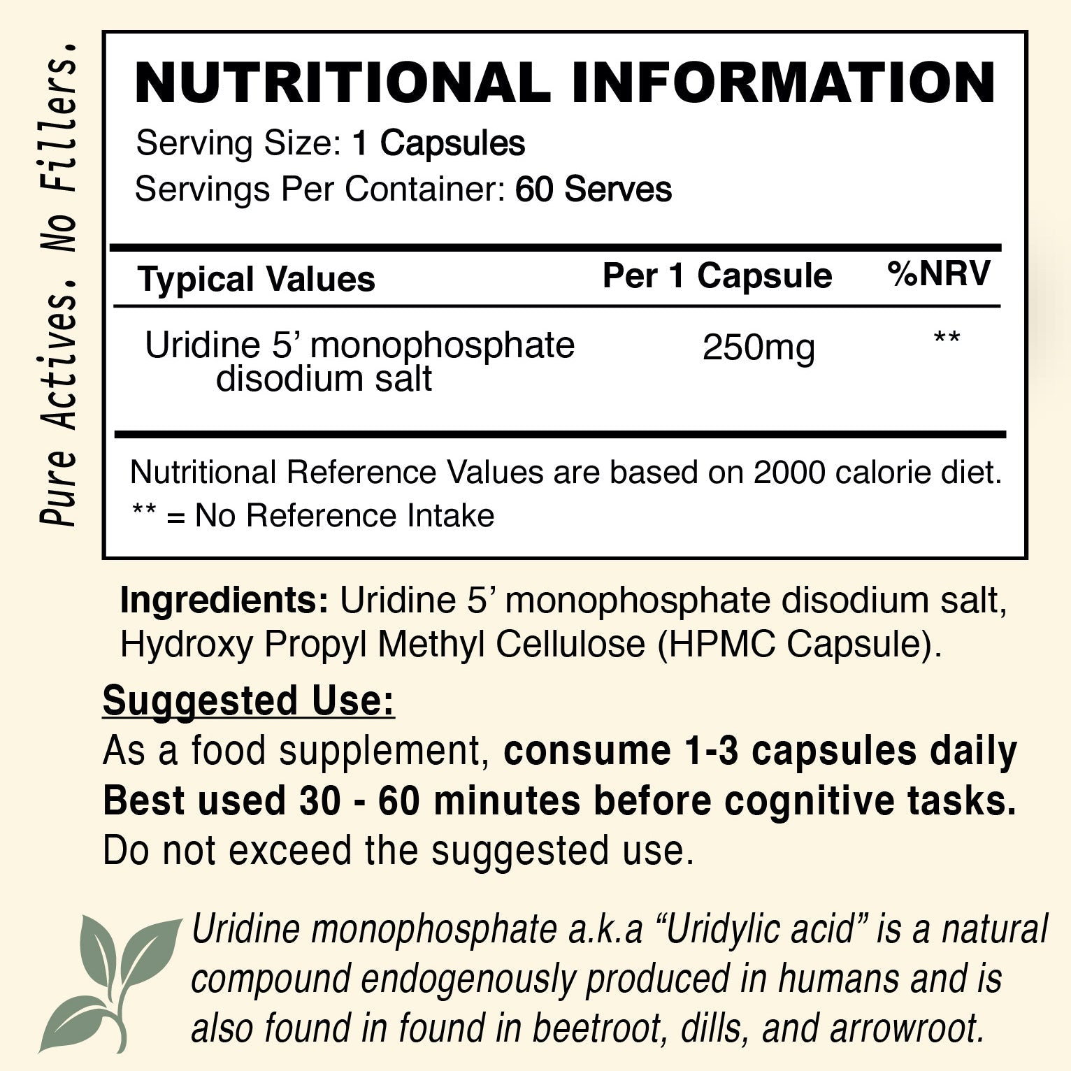250mg Uridine Monophosphate Nootropic for Focus and Motivation  -  Supplement Facts  - Nice Supplement Co.