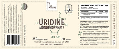 250mg Uridine Monophosphate Nootropic for Focus and Motivation  -  Label  - Nice Supplement Co.
